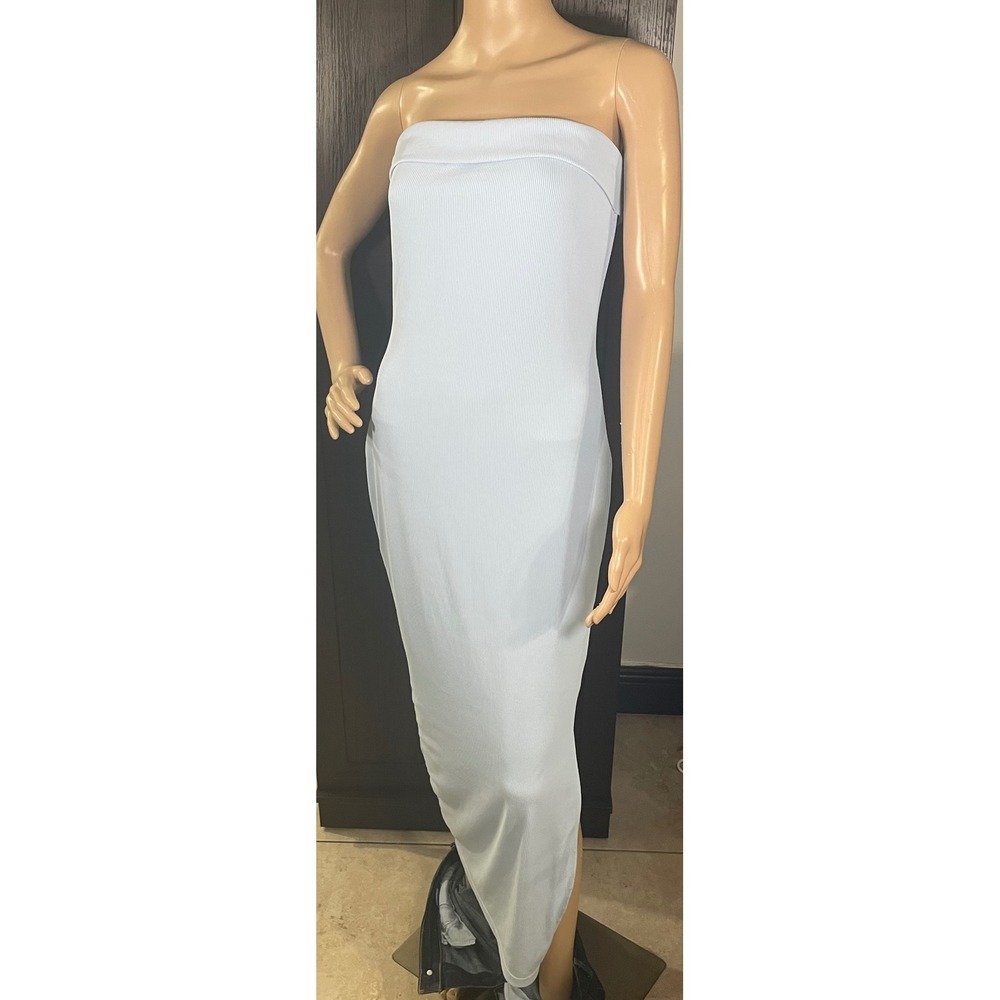Light Blue Strapless Ribbed Maxi Dress Foldover Tube Bodycon Side Slit Y2K